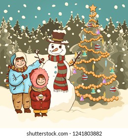 Children make snowman, cartoon colorful drawing, vector illustration. Painted cute boy and girl, funny snowman and New Year's decorated Christmas fir-tree in the park with snow and falling snowflakes