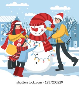 
Children make a snowman on the background of blue houses. Christmas card. Vector winter illustration.