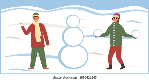 
Children make a snowman on a winter day in warm fashionable clothes for various purposes. Children's fashion illustration. World Snow Day. Family fun. Boy and girl are playing outside in winter.