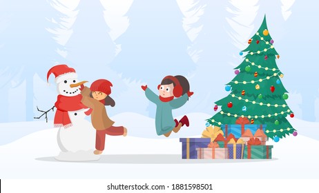 Children make a snowman in a snowy forest. Snowman, girl in warm winter clothes. Cartoon, vector illustration.