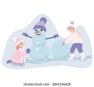 Children make a snowman. Vector cartoon illustrations for postcards and other prints.