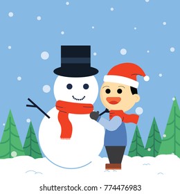 Children Make Snowman When Christmas with Happy Face