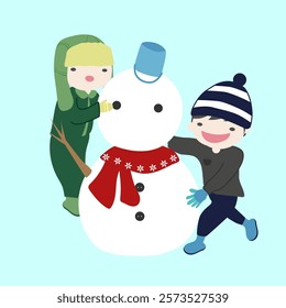 Children make a snowman in winter.