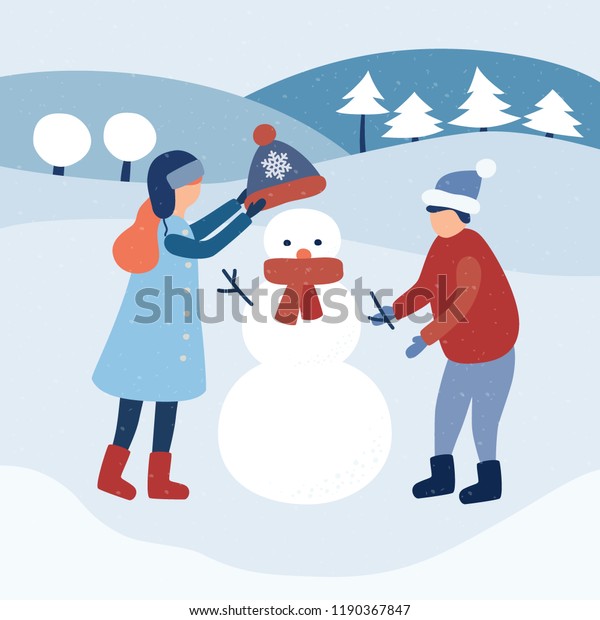 Children Make Snowman Winter Kids Vector Stock Vector Royalty Free