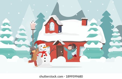 Children make a snowman in the yard. House, trees, mountains, snow and winter. Vector.