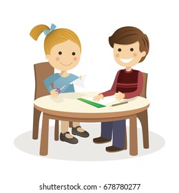 Children making crafts in a table on white background