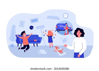 Children making mess and mother thinking of hiring cleaner. Son playing with ball, daughter marking wallpaper flat vector illustration. Childhood, cleaning service concept for banner, website design