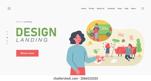 Children making mess and mother thinking of hiring cleaner. Son playing with ball, daughter marking wallpaper flat vector illustration. Childhood, cleaning service concept for banner, website design