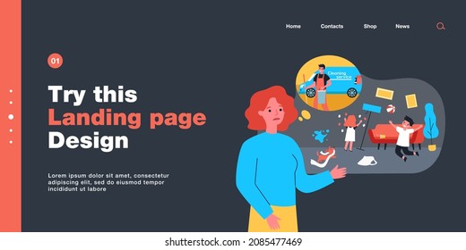 Niños haciendo líos y madres pensando en contratar a un limpiador. Son jugando con bola, marca hija papel tapiz de pantalla plana. Niñez, concepto de servicio de limpieza para banner, diseño de sitios web
