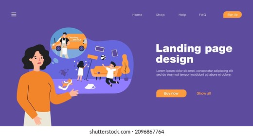 Children making mess and mother thinking of hiring cleaner. Son playing with ball, daughter marking wallpaper flat vector illustration. Childhood, cleaning service concept for banner, website design