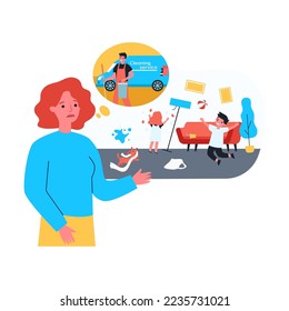 Children making mess and mother thinking of hiring cleaner. Son playing with ball, daughter marking wallpaper flat vector illustration. Childhood, cleaning service concept