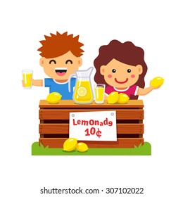 Children Making Money. Young Entrepreneur Kids Selling Lemonade In Their First Private Business. Flat Style Cartoon Vector Illustration Isolated On White Background.