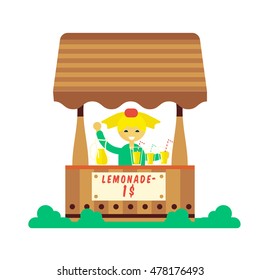 Children making money. Young entrepreneur kid selling lemonade in their first private business. Flat style cartoon vector illustration isolated on white background.