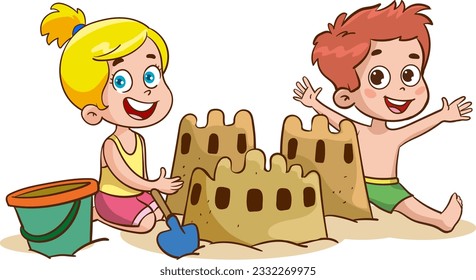 Children making sand castle at the beach