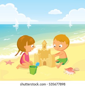 Children Making Sand Castle At The Beach
