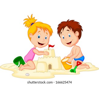 Children making sand castle at tropical beach