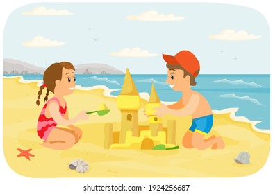 Children making sand castle at tropical island. Kids are having fun at sandy beach resort near sea together. Male character picks up sand for construction. Young people are building castle at sea