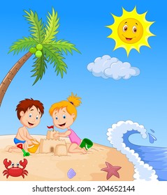 Children making sand castle at tropical beach