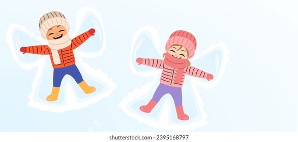 Children making snow angels banner design. Family spends time together on winter season activities сartoon flat vector illustration