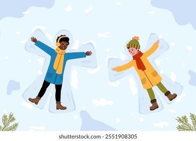 Children making snow angels during winter fun in a snowy outdoor setting