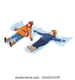 Children making snow angels on a winter day. Vector illustration