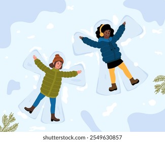 Children making snow angels in winter landscape with vibrant jackets and cheerful expressions