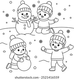 The children are making a snowman cartoon coloring page. Christmas and Winter Illustration 