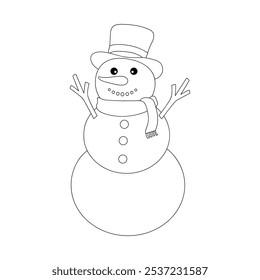 Children making Snowman coloring pages for kids. Joyful kids building Snowman together Coloring Page. Winter illustration with snowman. Kindergarten and preschool worksheets printable for kids. 