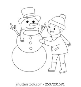 Children making Snowman coloring pages for kids. Joyful kids building Snowman together Coloring Page. Winter illustration with snowman. Kindergarten and preschool worksheets printable for kids. 