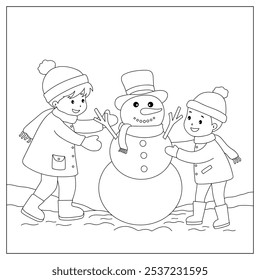 Crianças fazendo boneco de neve colorindo páginas para crianças. Crianças alegres construindo boneco de neve juntos colorindo Página. Ilustração de inverno com boneco de neve. Planilhas de jardim de infância e pré-escola imprimíveis para crianças. 