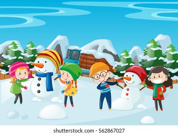 Children making snowman in the field illustration