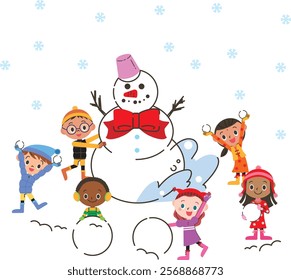 Children making a snowman in the snow