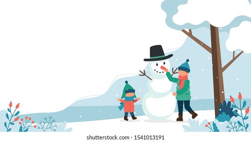 Children making a snowman in winter. Cute vector illustration in flat style.