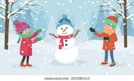 Children making snowman in winter park in snowy weather. Happy kids with snowman on Christmas. Christmas winter illustration with cute snowman and kids. Holiday weekend.