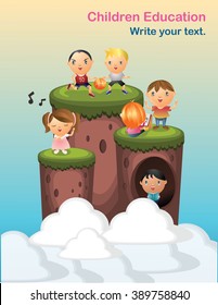 Children with many skill Education reading, Sing, sport, Art Skill cartoon vector graphic on  island of idea on the sky.