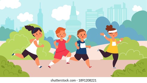 Children Marathon. Kids Run, Speed Race Boy. Outdoor Running Competition, Little Athlete Sport Challenge In Park Decent Vector Illustration