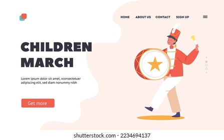 Children March Landing Page Template. Musician Boy Character Walking and Playing Drum. Military Orchestra Playing Musical Instrument at Victory Parade Celebration. Cartoon People Vector Illustration