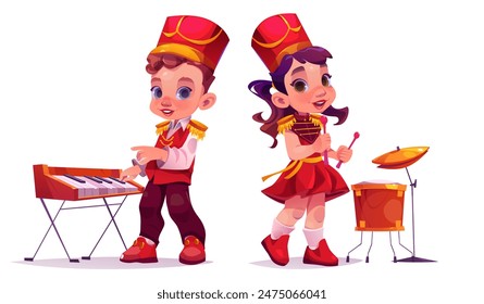 Children in march parade costumes with musical instruments. Cute little kid boy and girl musicians with drum and sticks, and piano synthesizer. Cartoon vector music school band player in uniform.