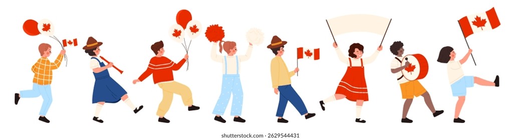 Children marching in a festive Canada Day parade holding flags, balloons, and banners, joyful celebration on white isolated background for national holiday events vector illustration