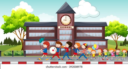 Children marching in front of school illustration