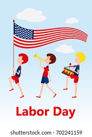 Children marching with the US flag playing on the pipe and the drum. Labor Day's postcard vector illustration.