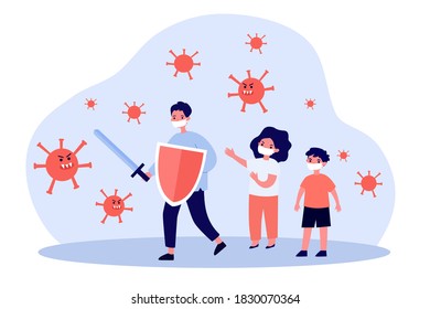 Children in masks fighting against angry viruses. Sword, shield, protection flat vector illustration. Pandemic and coronavirus concept for banner, website design or landing web page