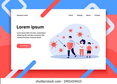 Children in masks fighting against angry viruses. Sword, shield, protection flat vector illustration. Pandemic and coronavirus concept for banner, website design or landing web page