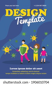 Children in masks fighting against angry viruses. Sword, shield, protection flat vector illustration. Pandemic and coronavirus concept for banner, website design or landing web page