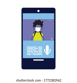 children with masks sending text messages on smartphone vector illustration desing