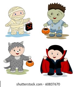 Children in masks - zombie, mummy, werewolf and vampire