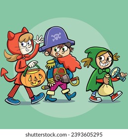 children in masquerade costumes go to Halloween