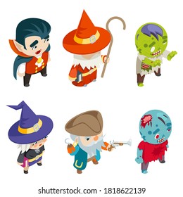 Children masquerade party halloween costume isometric kid characters flat set design vector illustration