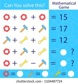 Children matching game with tools. Mathematical exercise and count task. Can You solve this? Kids funny riddle entertainment. Sheet right answer. Vector activity page and game.