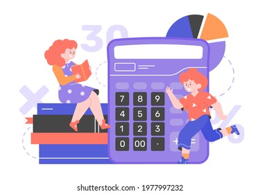 Children and math. Financial literacy. The girl reads a book, the boy runs happily. Calculator, graphs, numbers. Vector flat illustration.